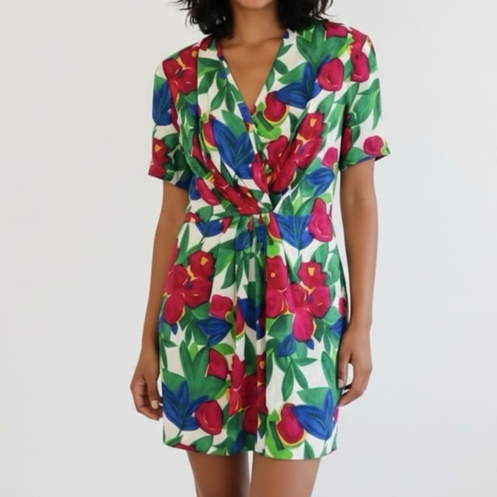Vintage 80s Adriana Papell 100% Silk Mini Floral Dress 10P